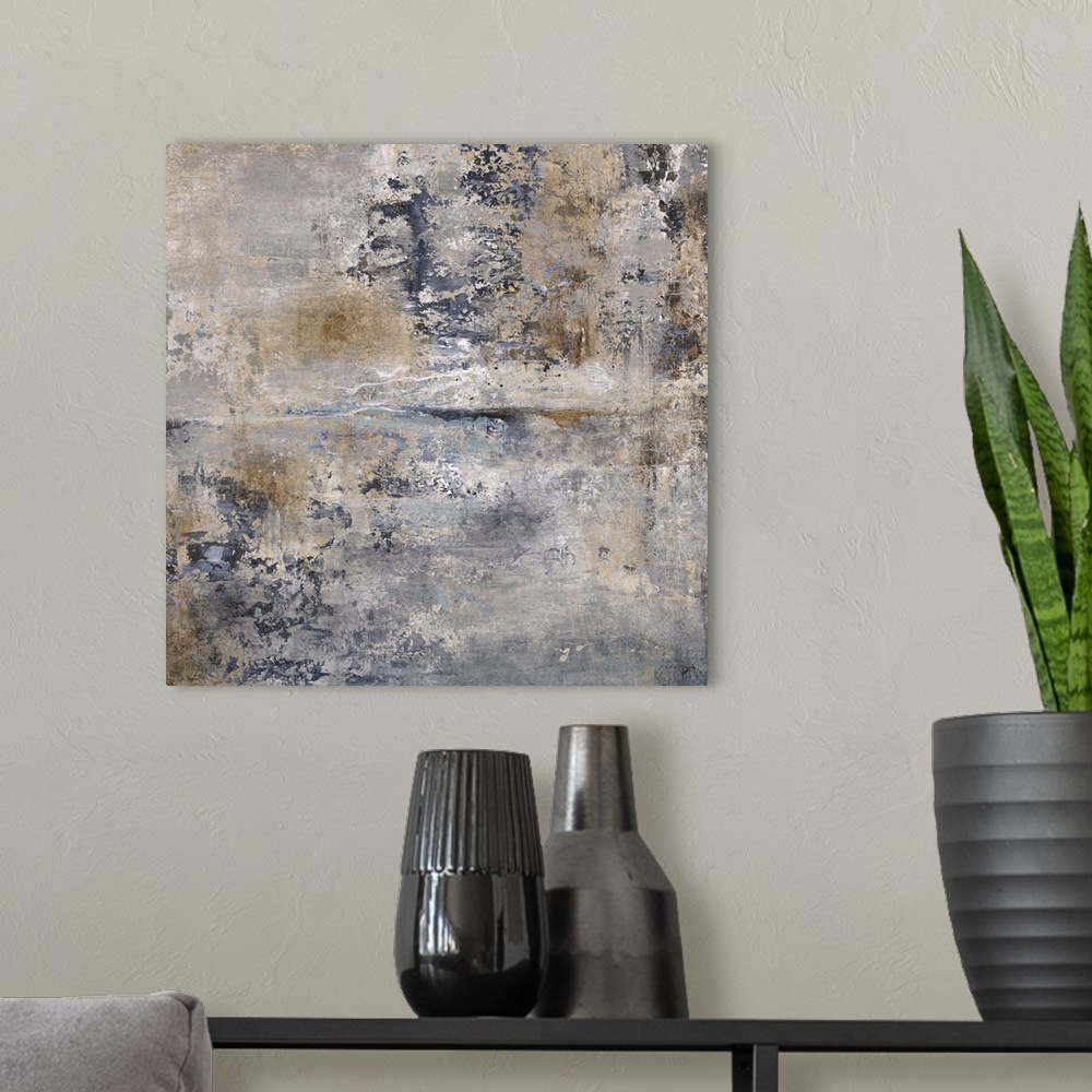 A modern room featuring Contemporary abstract painting in shades of brown and grey, resembling a weathered wall.
