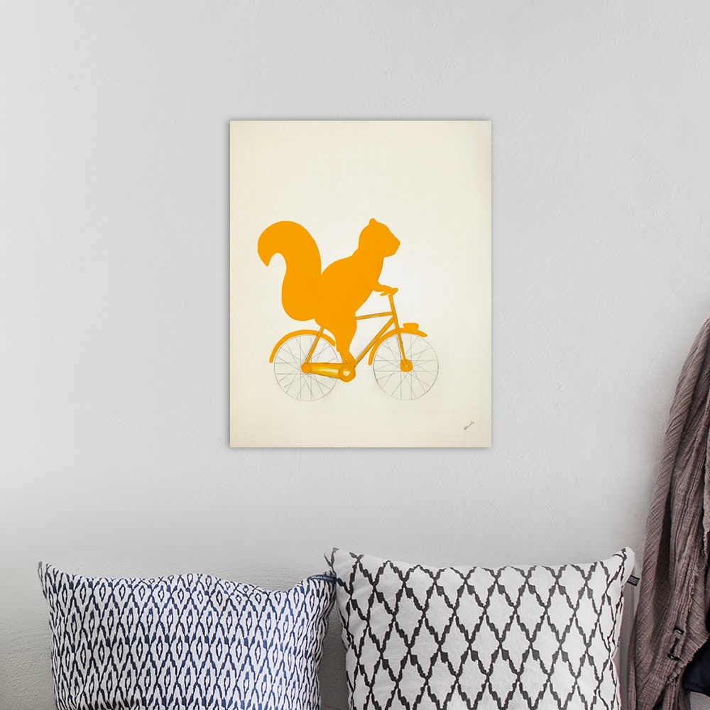 A bohemian room featuring Yellow silhouette of a squirrel riding a bicycle with pencil drawn wheels and spokes.