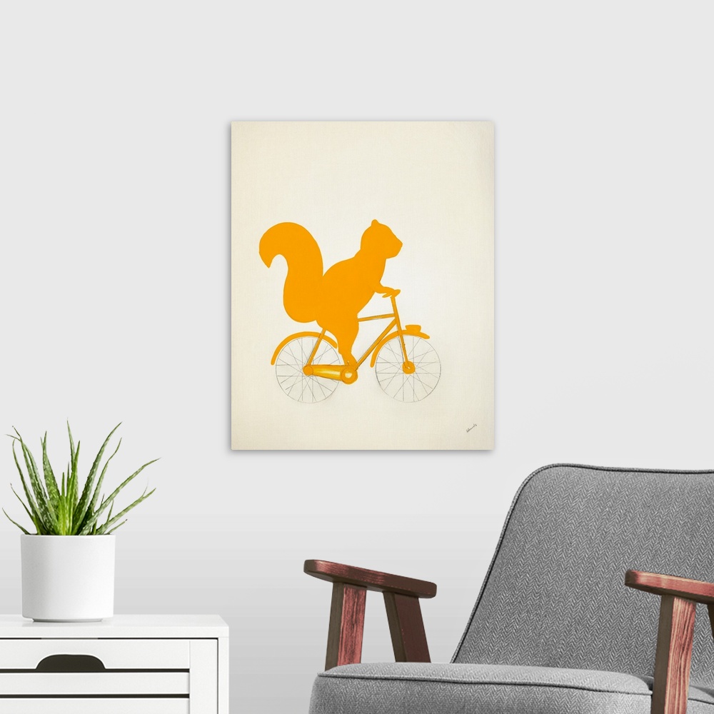 A modern room featuring Yellow silhouette of a squirrel riding a bicycle with pencil drawn wheels and spokes.