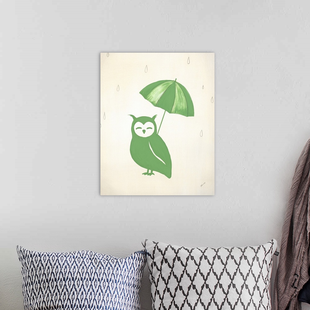 A bohemian room featuring Green owl holding a green striped umbrella and graphite draw rain drops falling from the top of t...