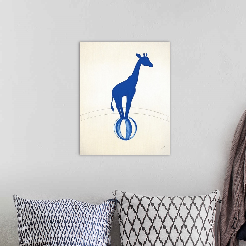 A bohemian room featuring Blue silhouette of a giraffe balancing on a striped ball in a graphite drawn ring.