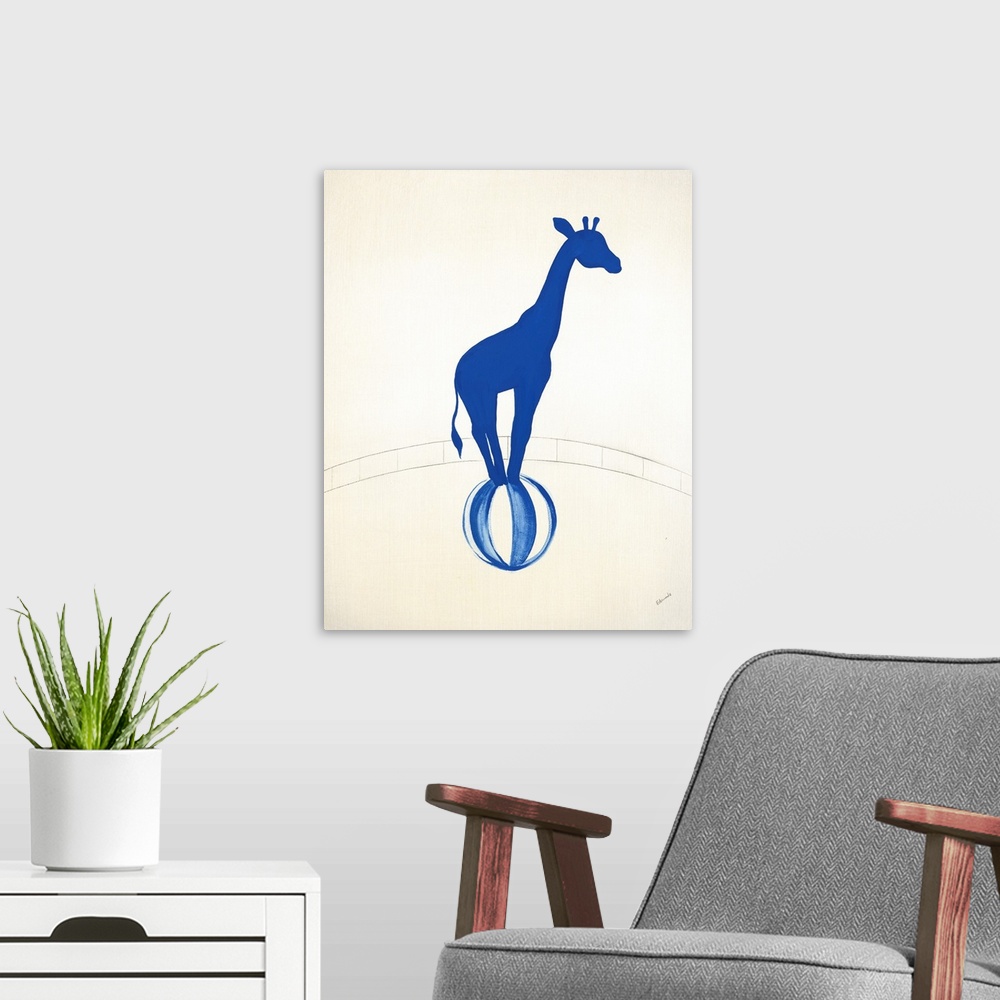 A modern room featuring Blue silhouette of a giraffe balancing on a striped ball in a graphite drawn ring.
