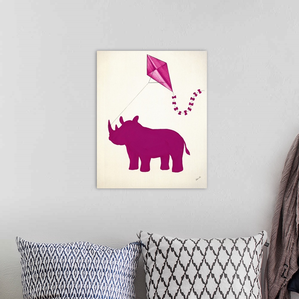 A bohemian room featuring Pink silhouetted rhinoceros holding a pink kite with its tusk.