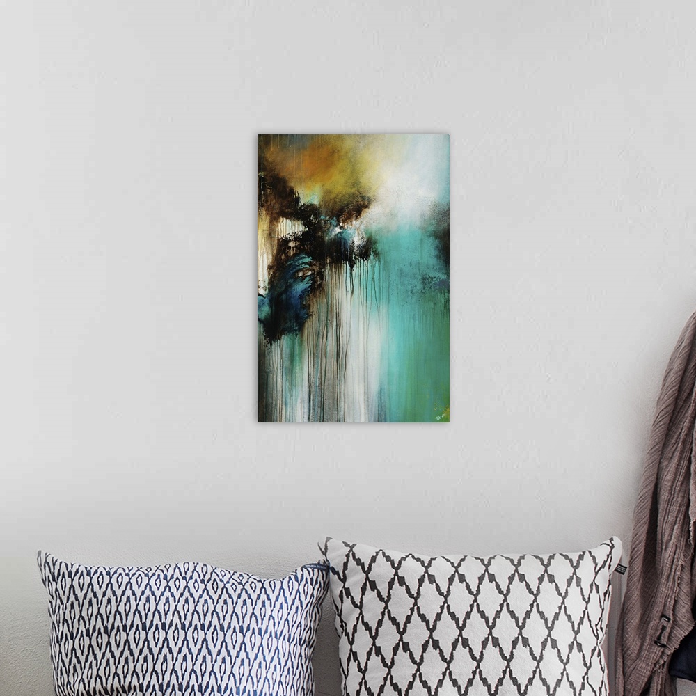 A bohemian room featuring Contemporary abstract painting with dripping black paint on white and teal.