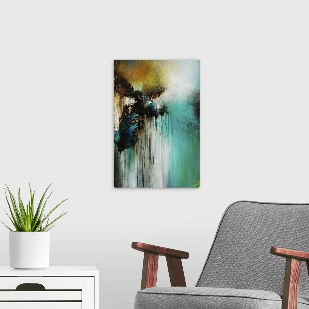 A modern room featuring Contemporary abstract painting with dripping black paint on white and teal.