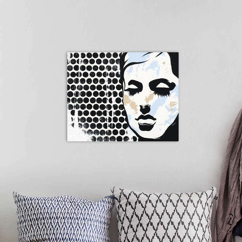 A bohemian room featuring Pop art style painting with a black silhouette of a woman's face with long eyelashes and light bl...