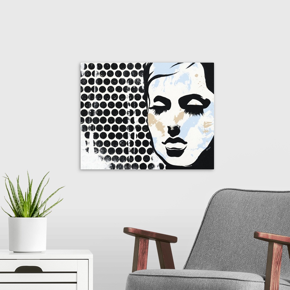 A modern room featuring Pop art style painting with a black silhouette of a woman's face with long eyelashes and light bl...
