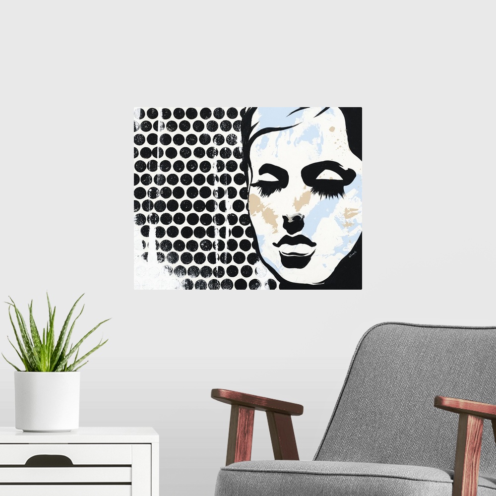A modern room featuring Pop art style painting with a black silhouette of a woman's face with long eyelashes and light bl...