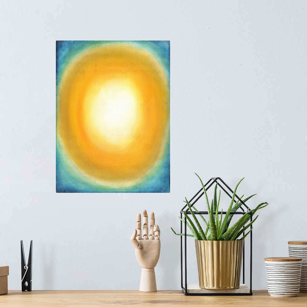 A bohemian room featuring Contemporary abstract painting of a golden oval shape in the center of the image against a crysta...