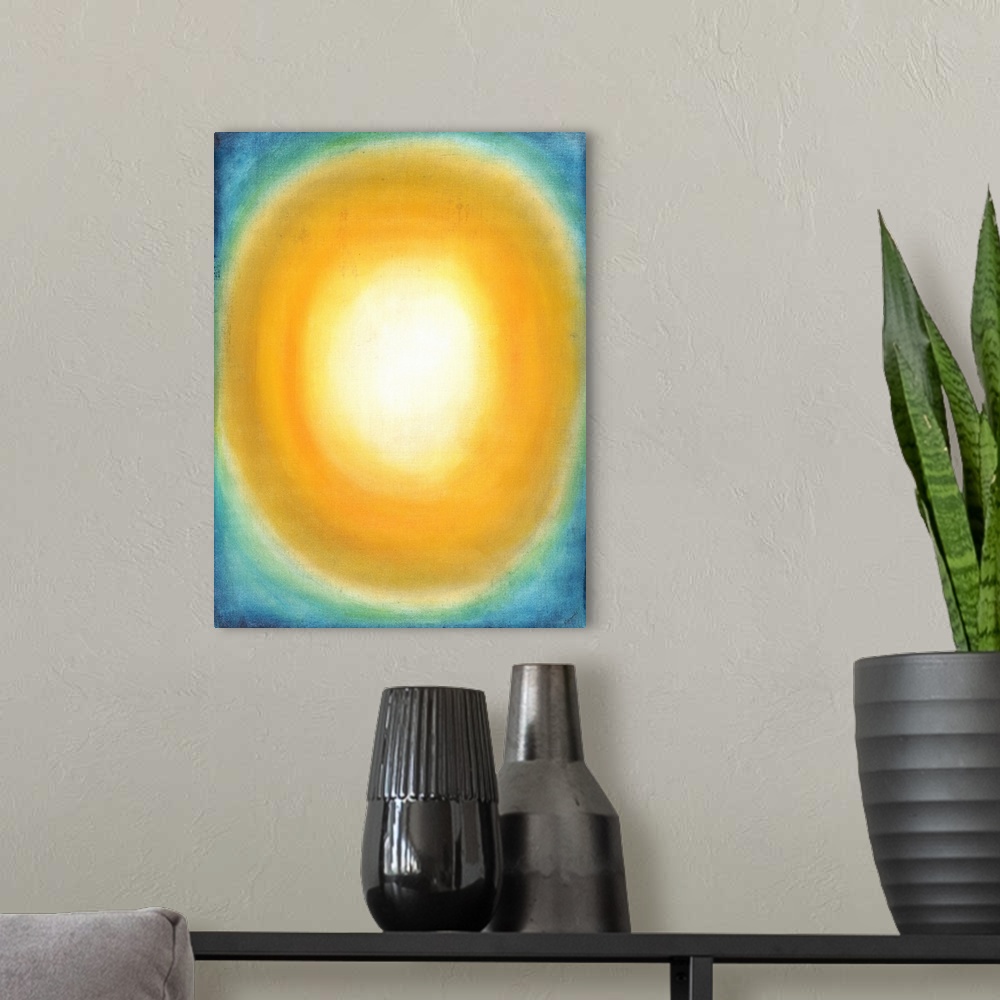 A modern room featuring Contemporary abstract painting of a golden oval shape in the center of the image against a crysta...