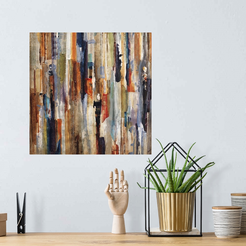 A bohemian room featuring Contemporary abstract painting of a vertical lines in warm and cool tones surrounded by predomina...