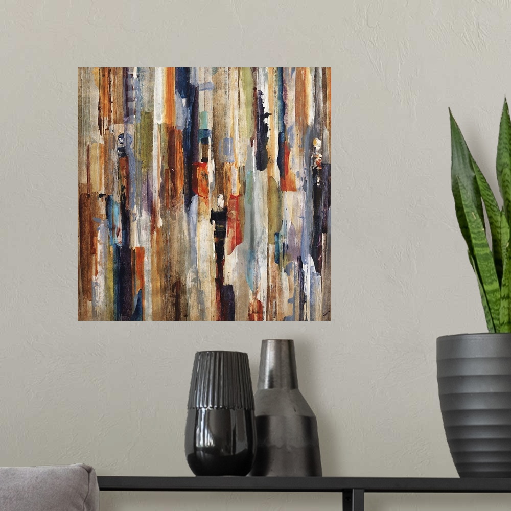 A modern room featuring Contemporary abstract painting of a vertical lines in warm and cool tones surrounded by predomina...