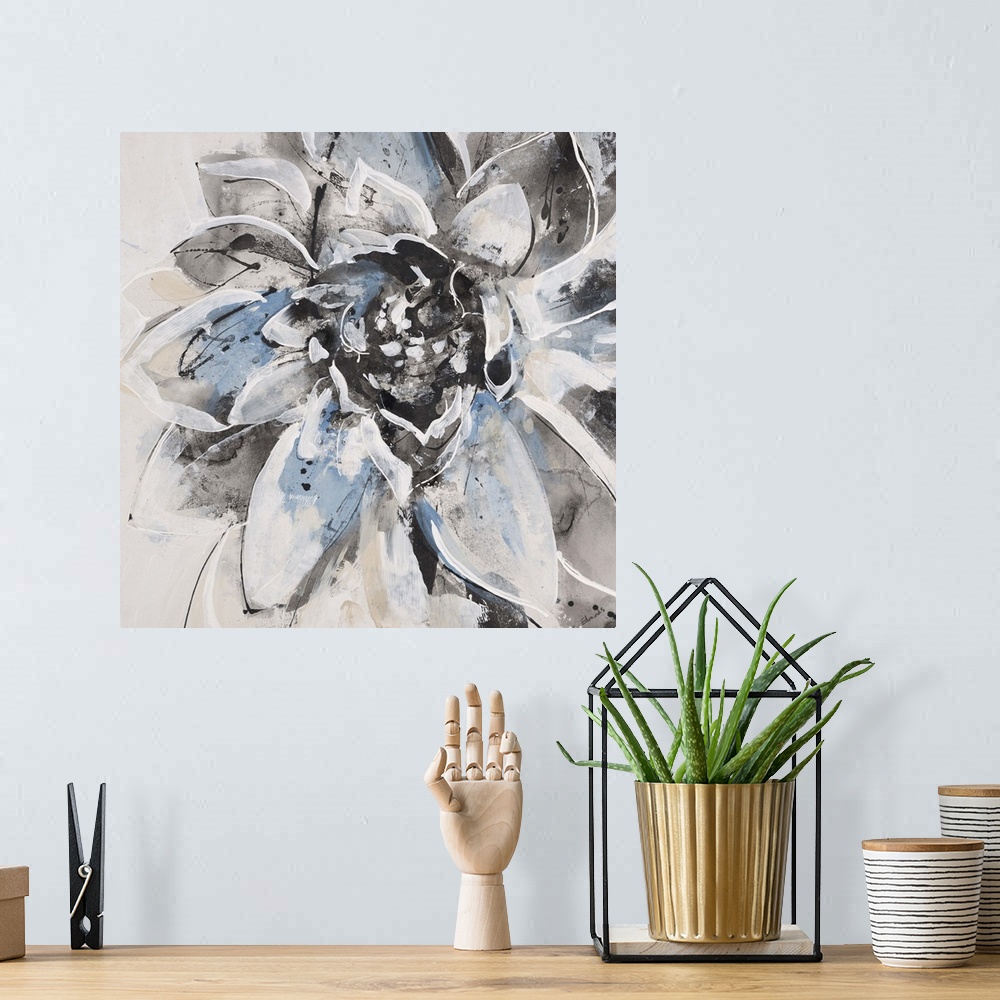 A bohemian room featuring Contemporary painting of a flower using pale blue, gray and white lines.