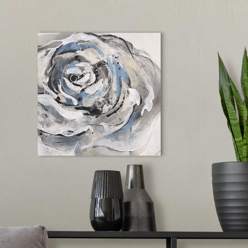 A modern room featuring Contemporary painting of a flower using pale blue, gray and white lines.