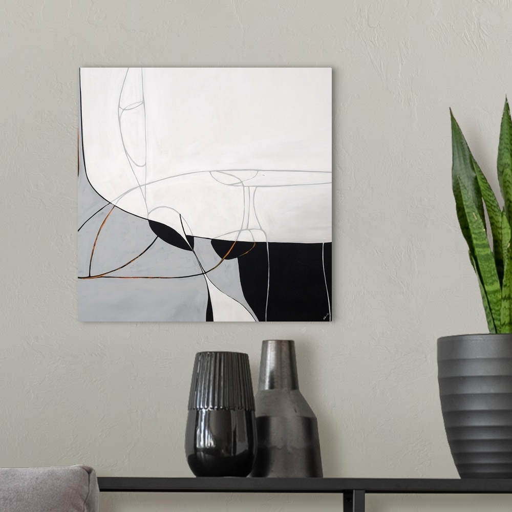 A modern room featuring Contemporary abstract artwork in black, white, and grey, with curving lines.