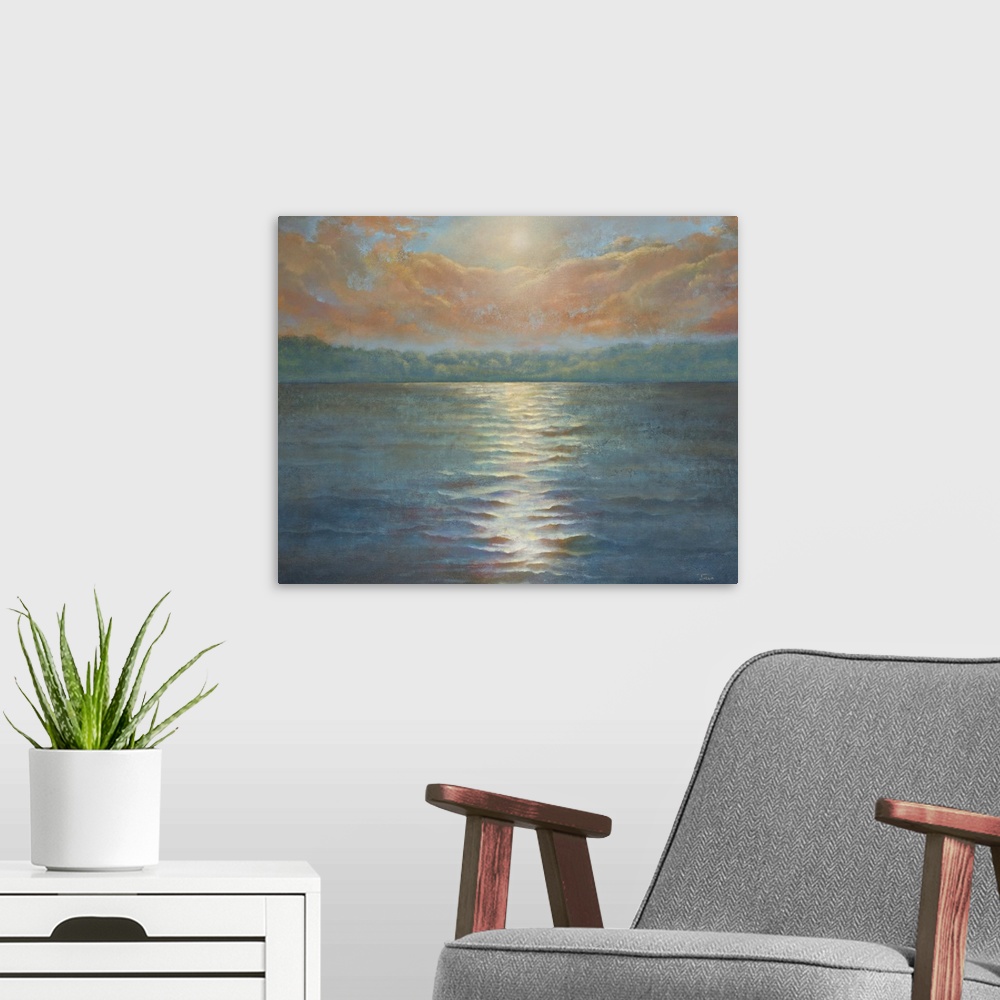 A modern room featuring Contemporary painting of a sun setting over a body of water.