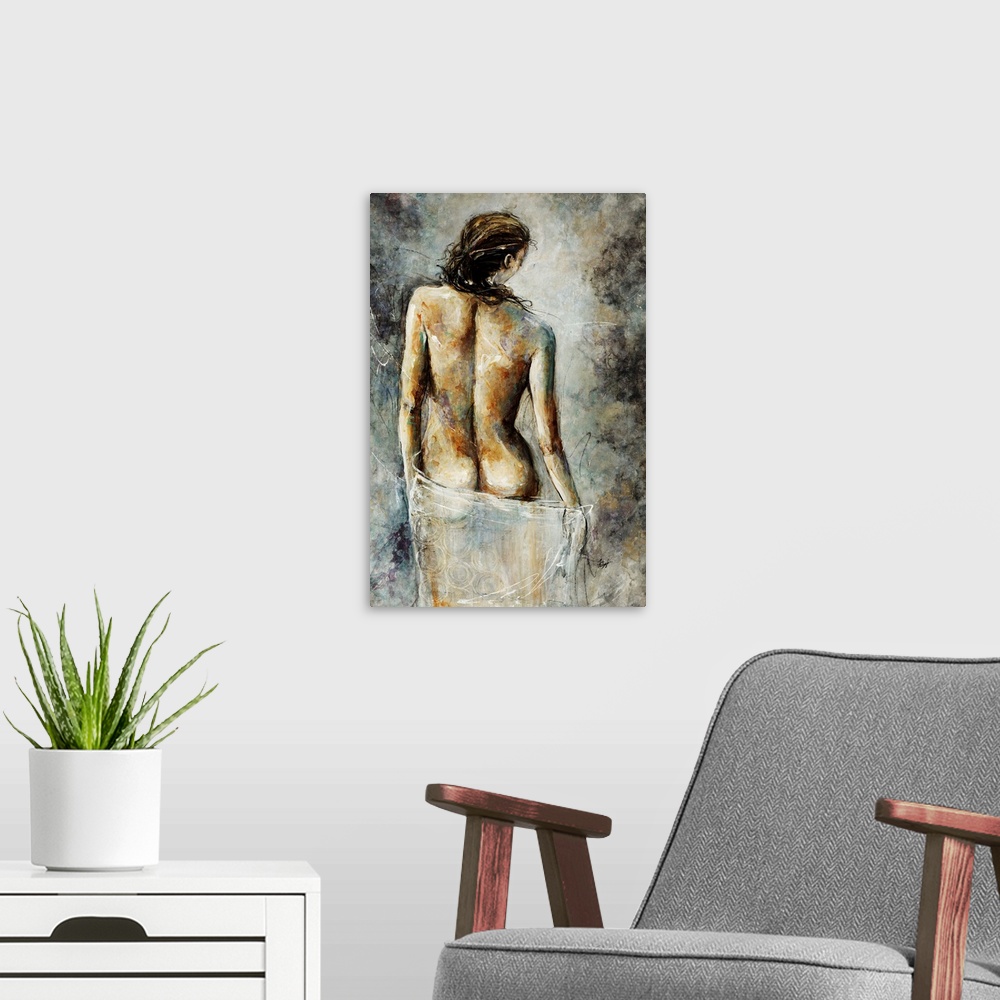 A modern room featuring Contemporary artwork drawn of a woman's backside as she drapes a white cloth just below her butto...