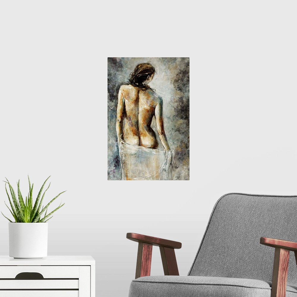 A modern room featuring Contemporary artwork drawn of a woman's backside as she drapes a white cloth just below her butto...