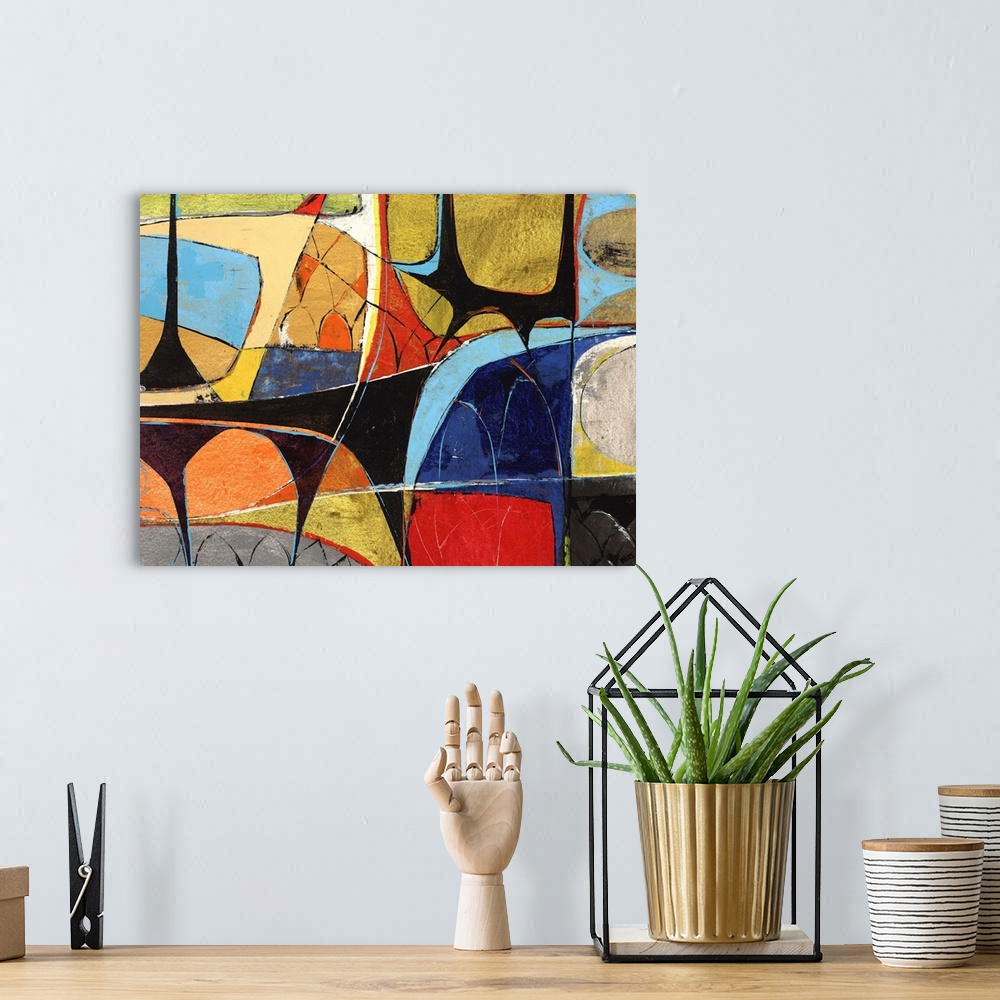A bohemian room featuring Contemporary abstract painting of various shapes and patterns mingling in a colorful frenzy.