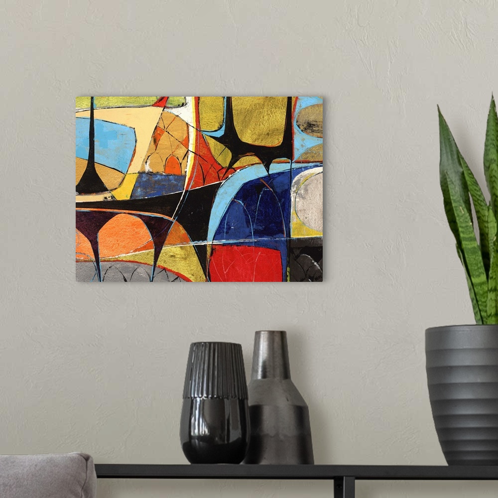 A modern room featuring Contemporary abstract painting of various shapes and patterns mingling in a colorful frenzy.
