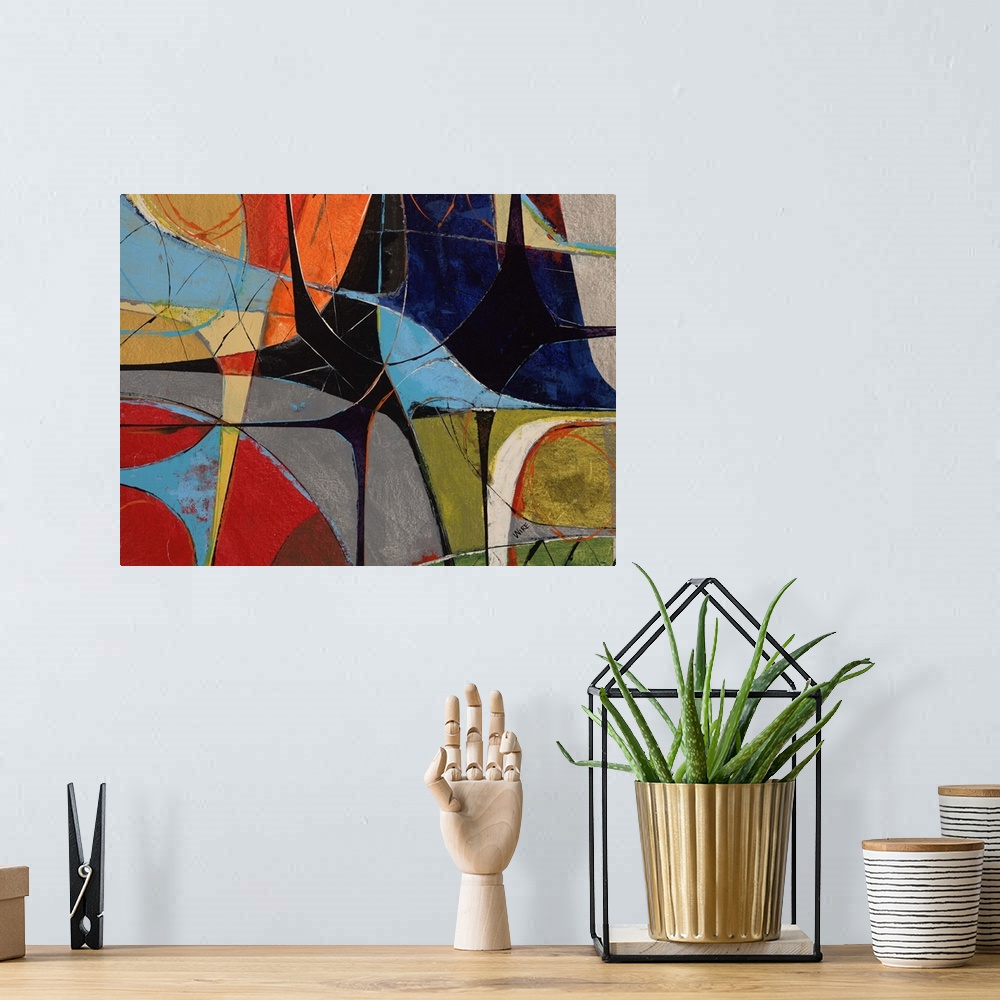 A bohemian room featuring Contemporary abstract painting of various shapes and patterns mingling in a colorful frenzy.