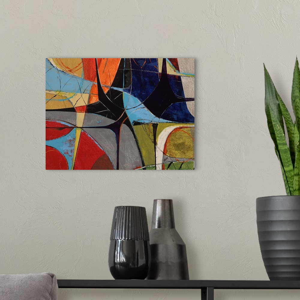 A modern room featuring Contemporary abstract painting of various shapes and patterns mingling in a colorful frenzy.