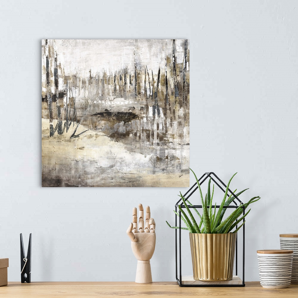 A bohemian room featuring Square abstract painting in brown, gray, and white hues with vertical lines in different sizes cr...
