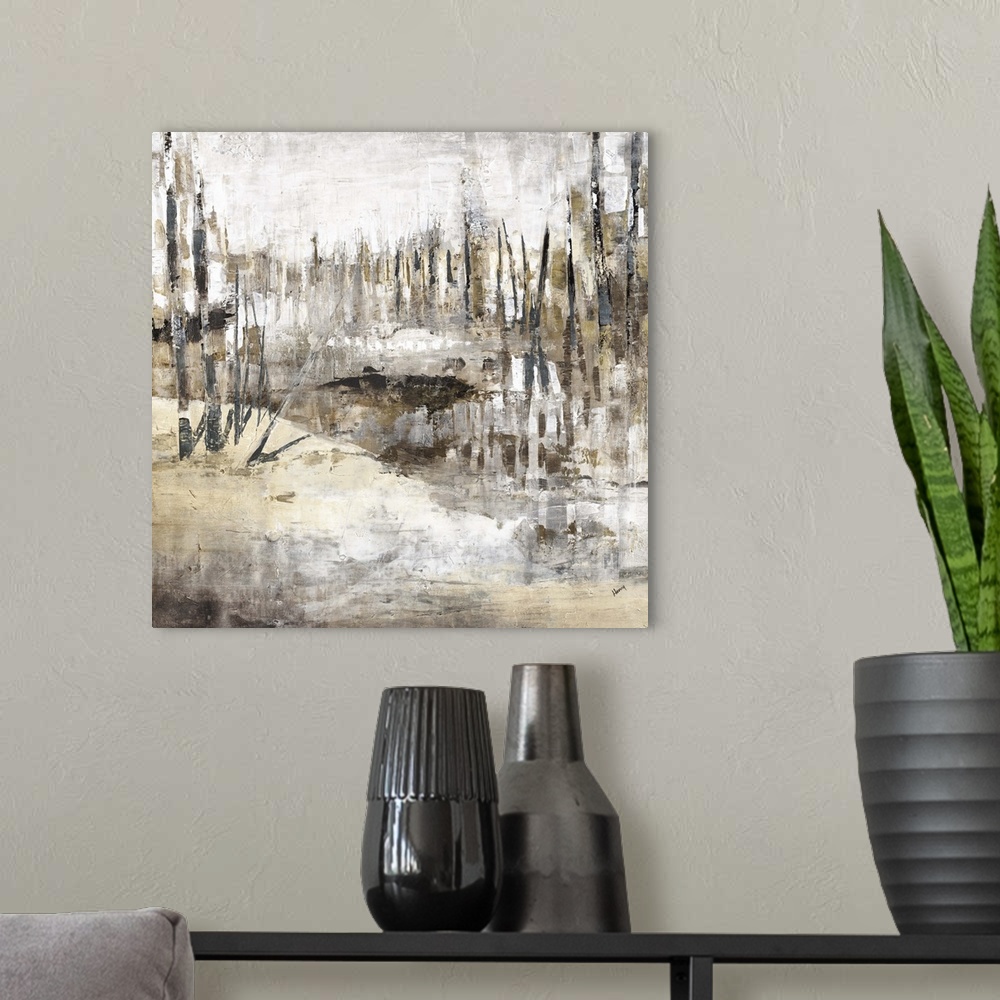 A modern room featuring Square abstract painting in brown, gray, and white hues with vertical lines in different sizes cr...