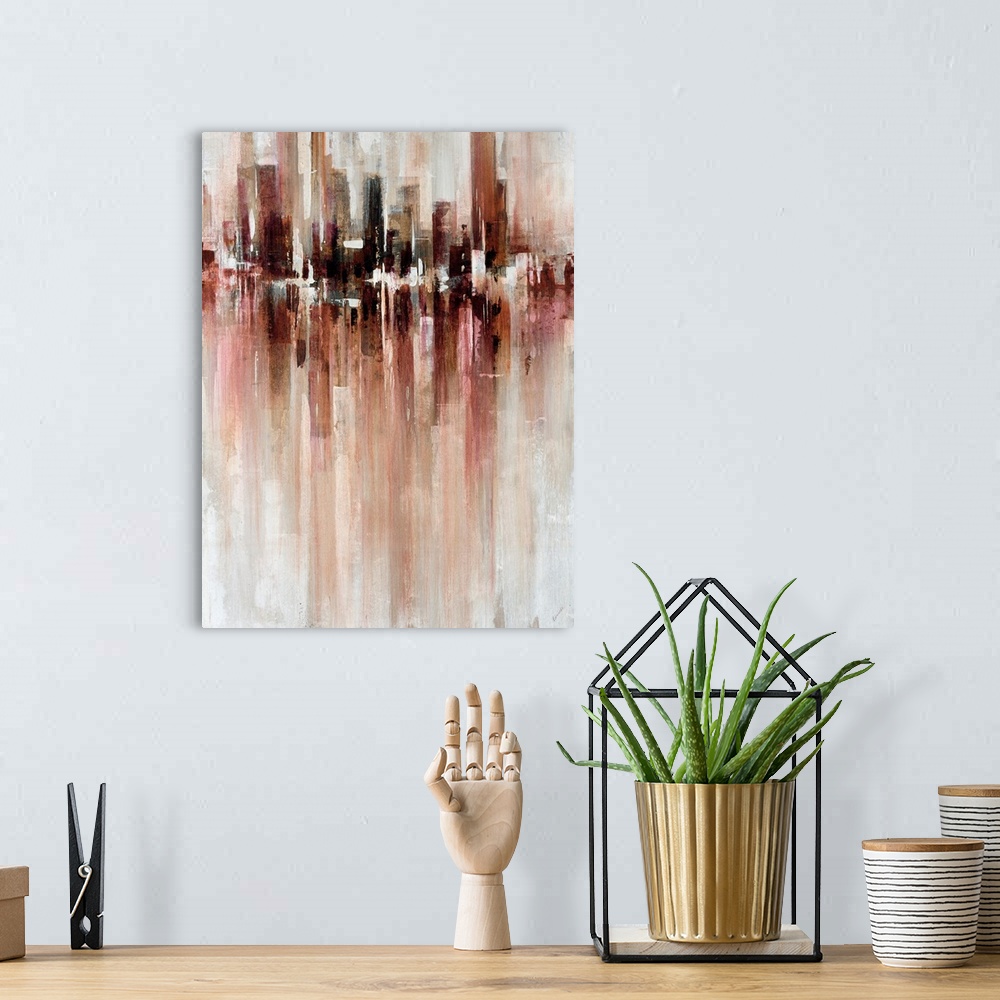 A bohemian room featuring Giant abstract art includes a mostly neutral toned background incorporating a horizontal section ...