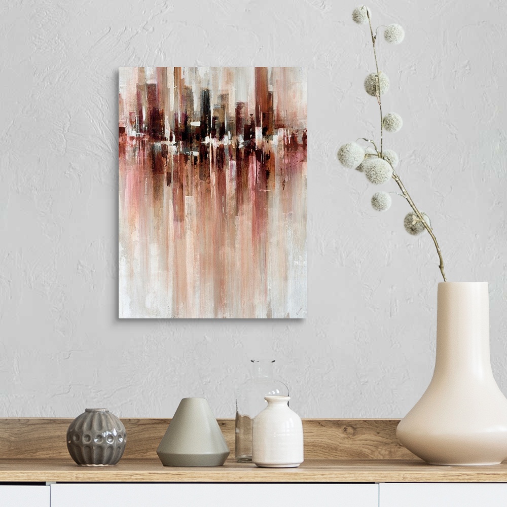 A farmhouse room featuring Giant abstract art includes a mostly neutral toned background incorporating a horizontal section ...