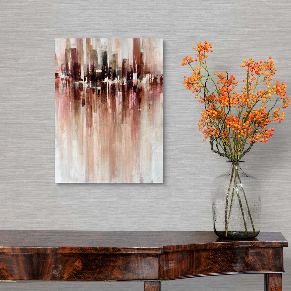 A traditional room featuring Giant abstract art includes a mostly neutral toned background incorporating a horizontal section ...