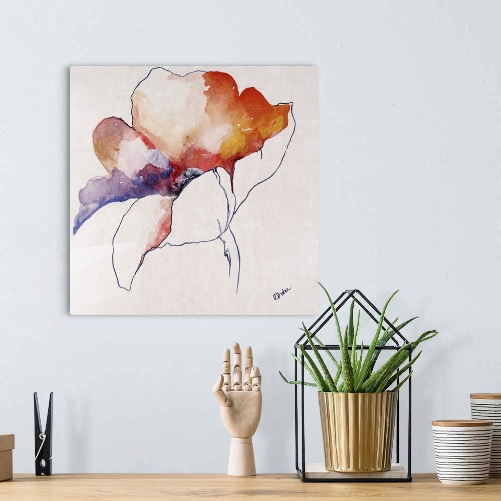 A bohemian room featuring Square artwork of a single flower bloom in watercolor.