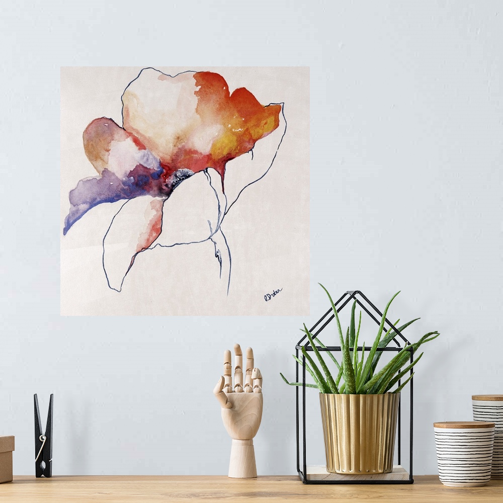A bohemian room featuring Square artwork of a single flower bloom in watercolor.