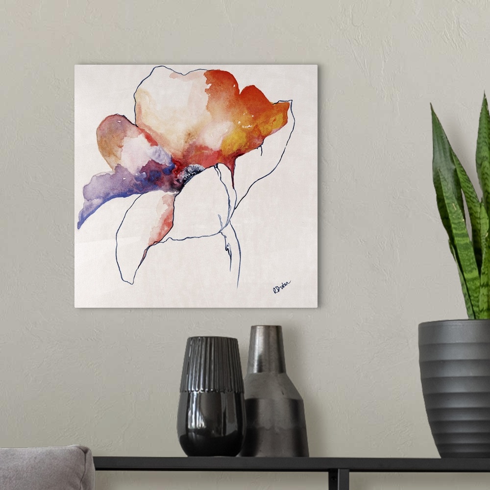 A modern room featuring Square artwork of a single flower bloom in watercolor.