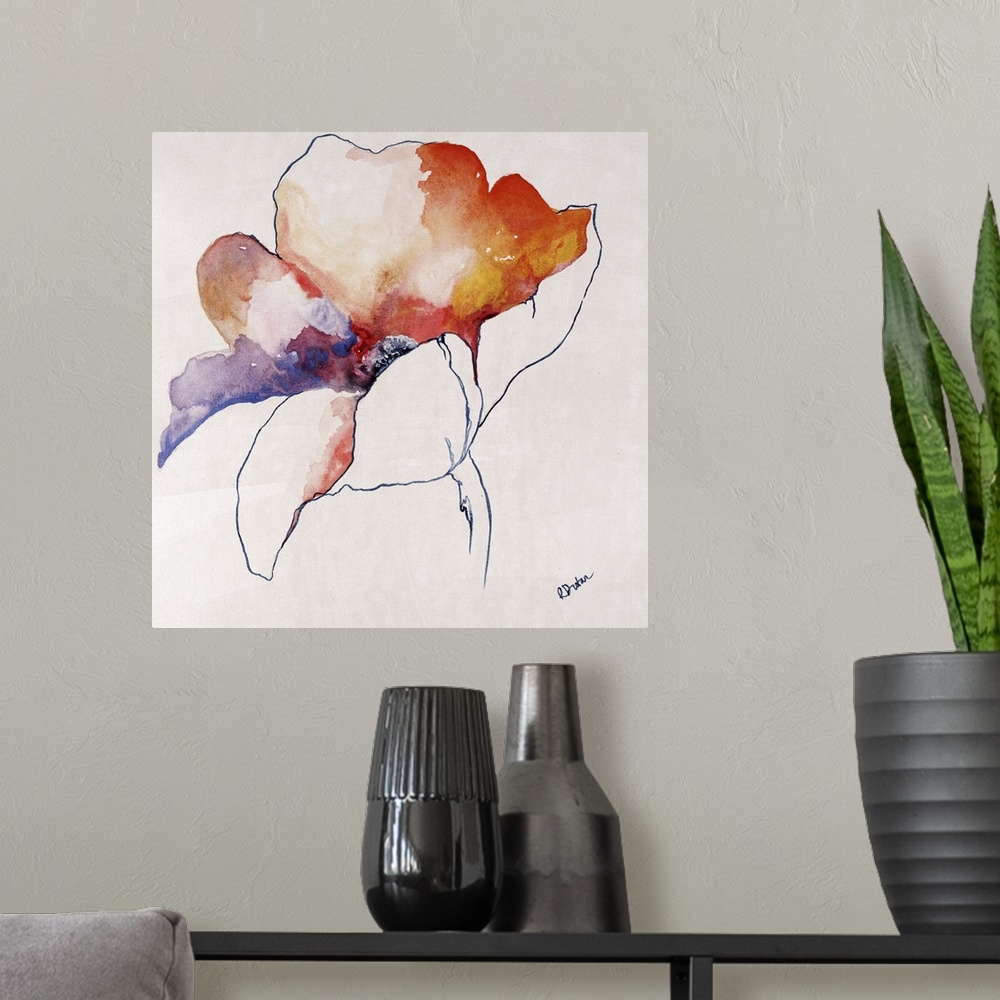 A modern room featuring Square artwork of a single flower bloom in watercolor.