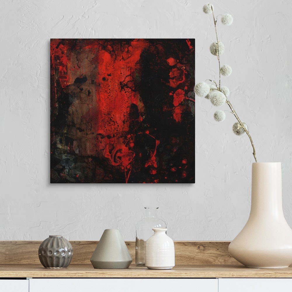 A farmhouse room featuring Contemporary abstract painting using dark red and black.