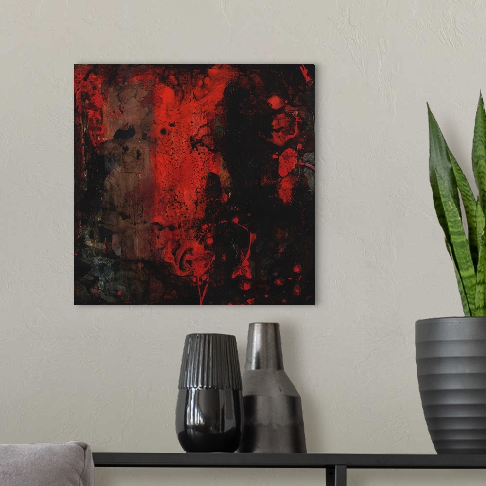 A modern room featuring Contemporary abstract painting using dark red and black.
