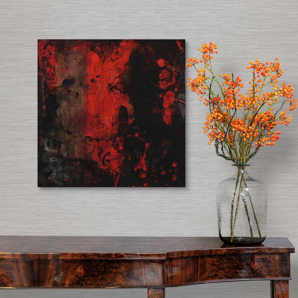A traditional room featuring Contemporary abstract painting using dark red and black.