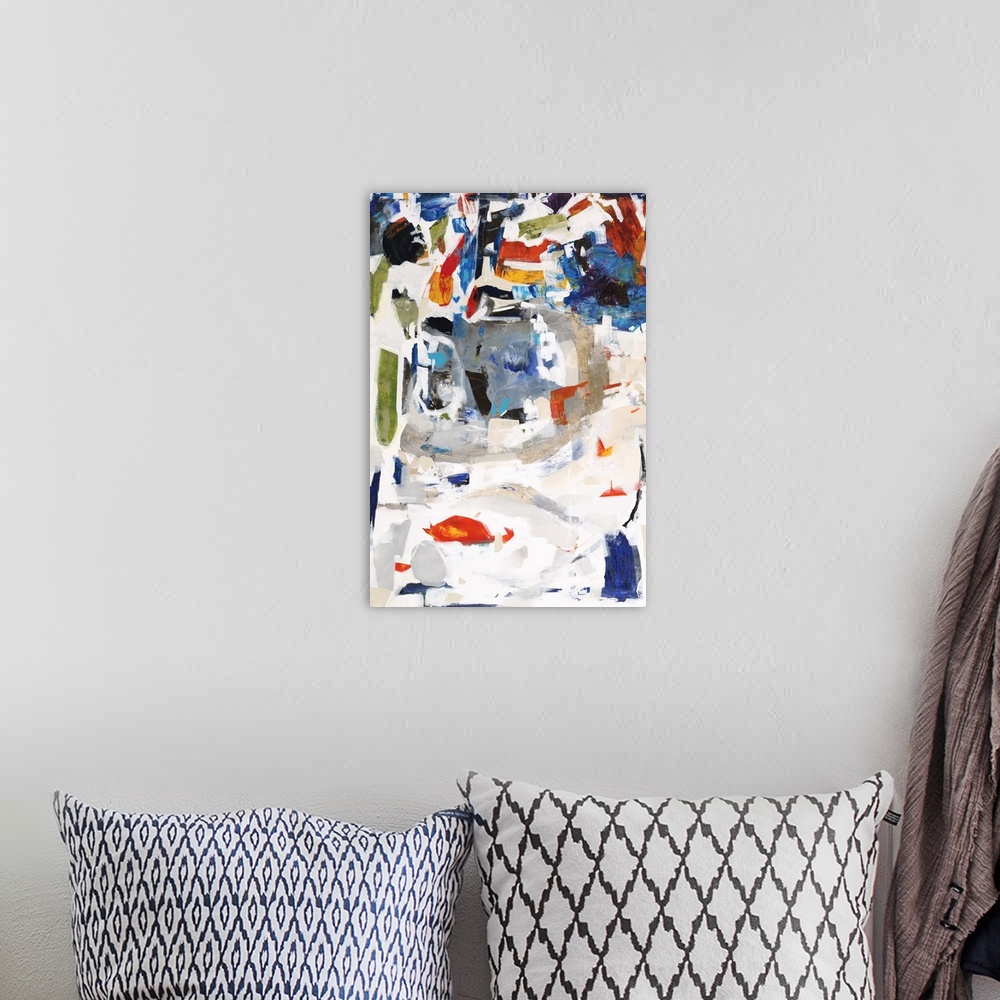 A bohemian room featuring Colorful abstract canvas sectioned out by applying white paint on top to separate.