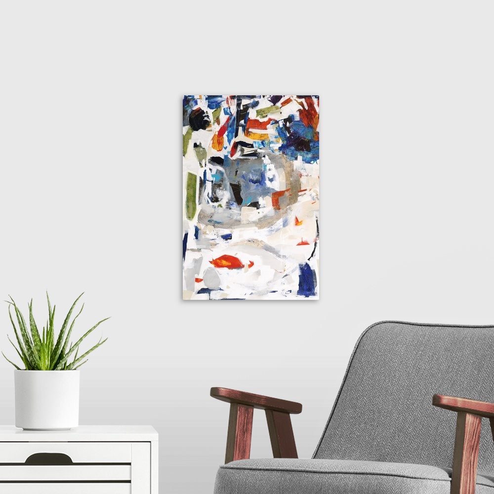 A modern room featuring Colorful abstract canvas sectioned out by applying white paint on top to separate.