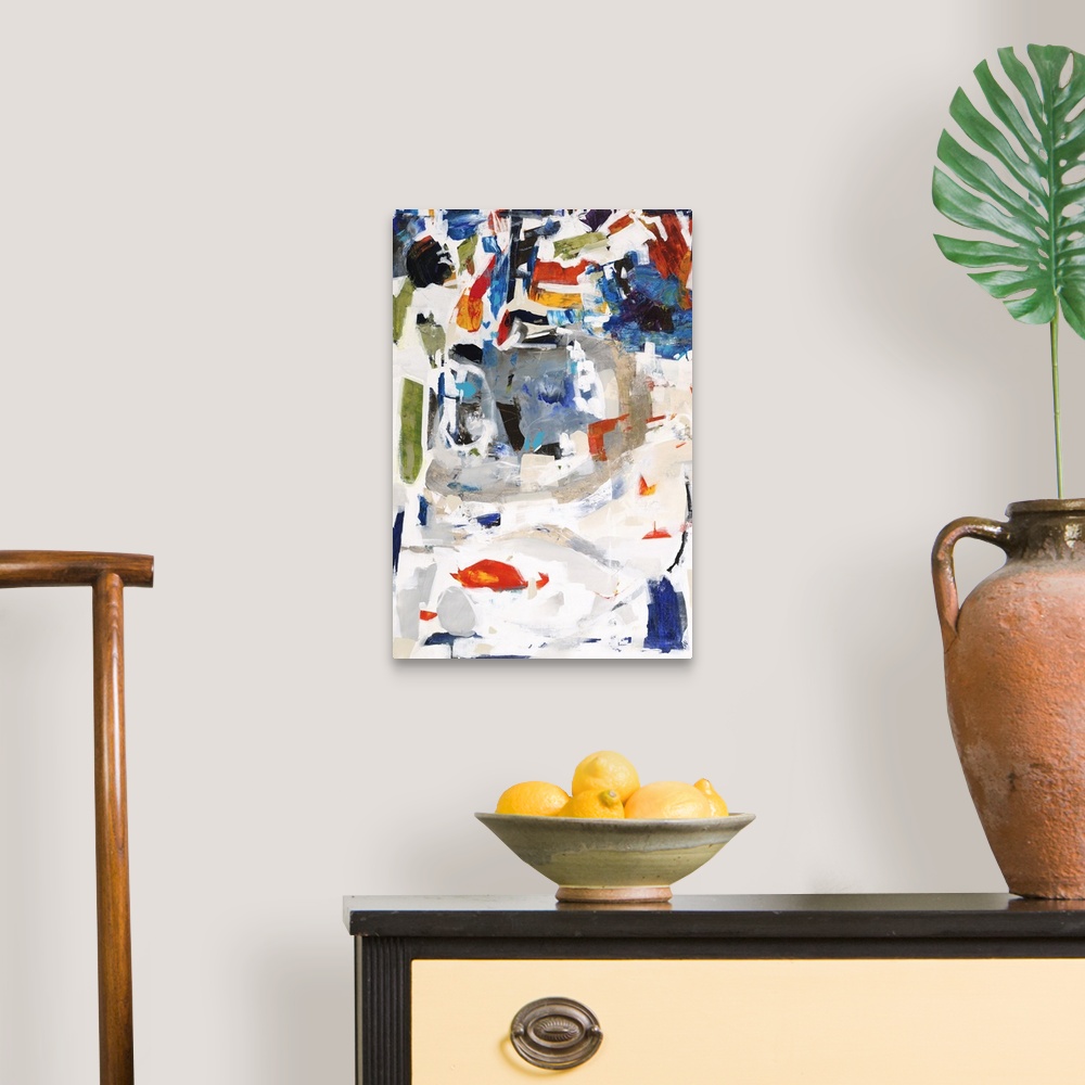 A traditional room featuring Colorful abstract canvas sectioned out by applying white paint on top to separate.