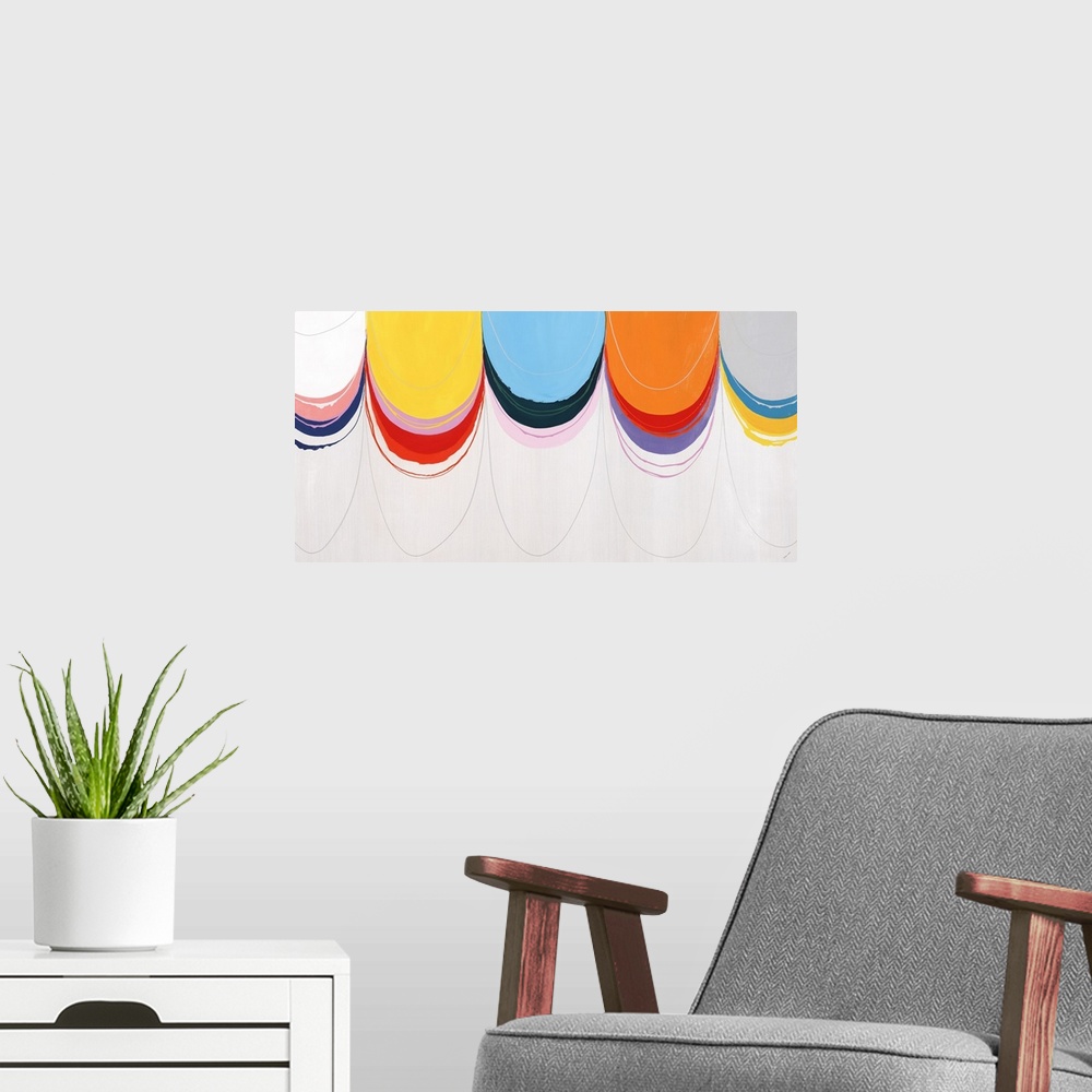 A modern room featuring Abstract painting with a cluster of brightly colored half circles that appear to have been pulled...