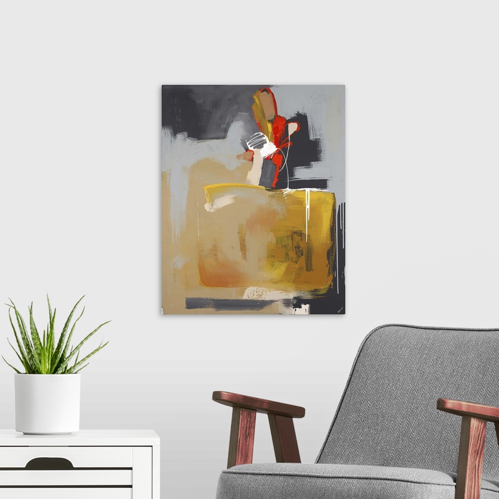 A modern room featuring Abstract painting of a human form sitting at a desk, reading.  Painted with large blocks of contr...