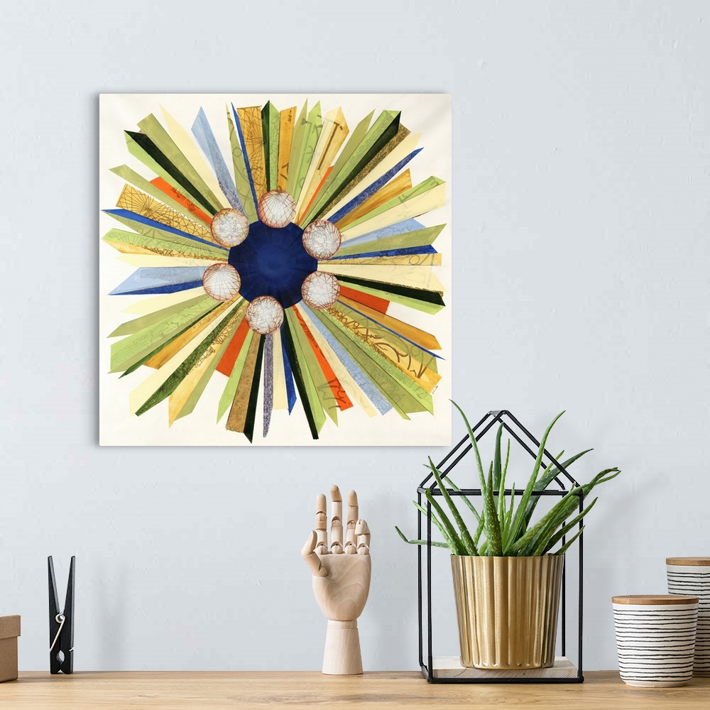 A bohemian room featuring Square abstract painting on canvas of various thin shapes radiating out from a circle.