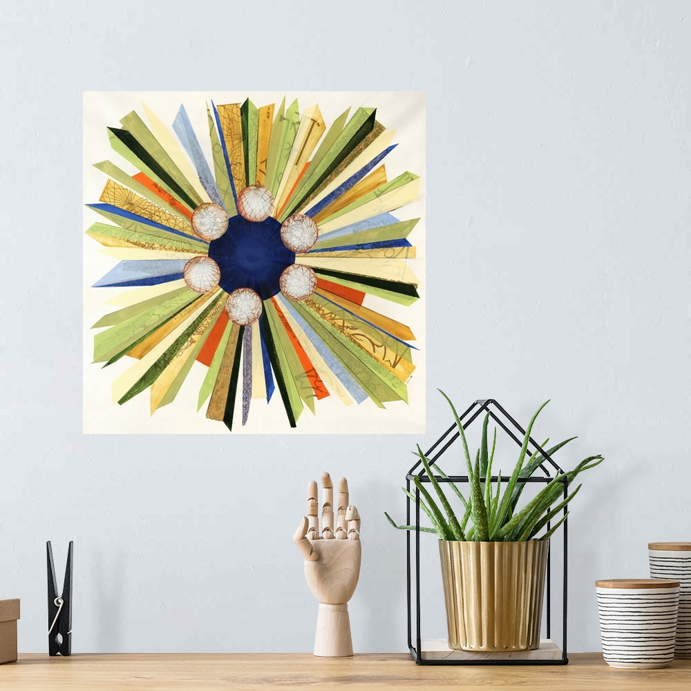 A bohemian room featuring Square abstract painting on canvas of various thin shapes radiating out from a circle.