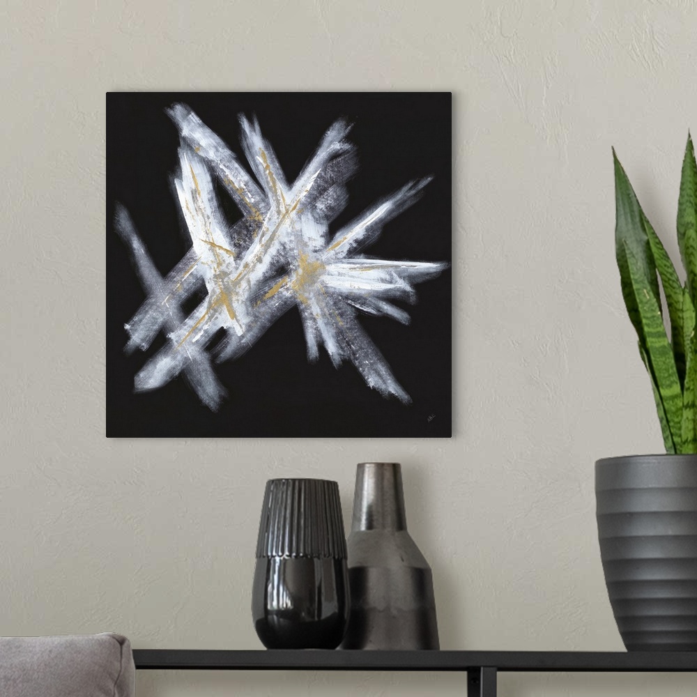 A modern room featuring Square abstract painting with a solid black background that has white crossing brushstrokes on to...