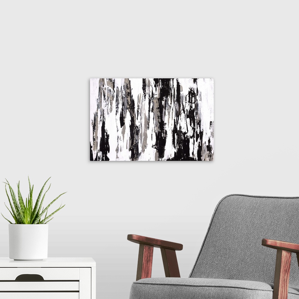 A modern room featuring Abstract painting with harsh black and gray splatters and swipes in a downward motion.