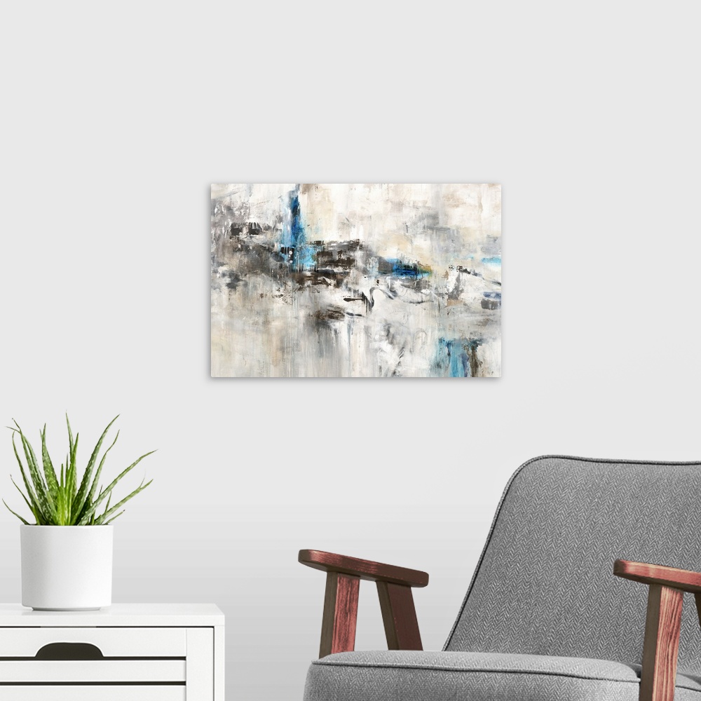 A modern room featuring Large abstract painting  with neutral colors and pops of bright blue throughout.