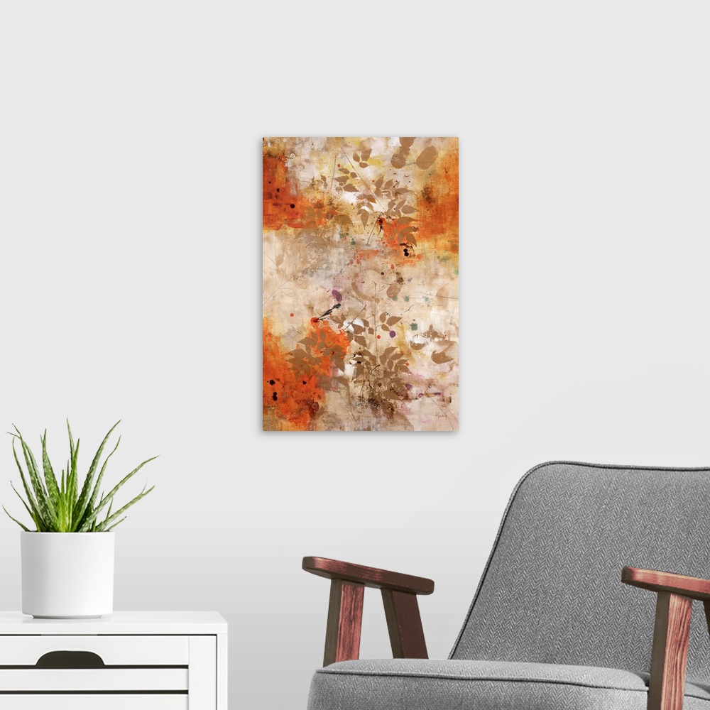 A modern room featuring Contemporary art of solid neural color leaves pressed into a textured background with splatters o...