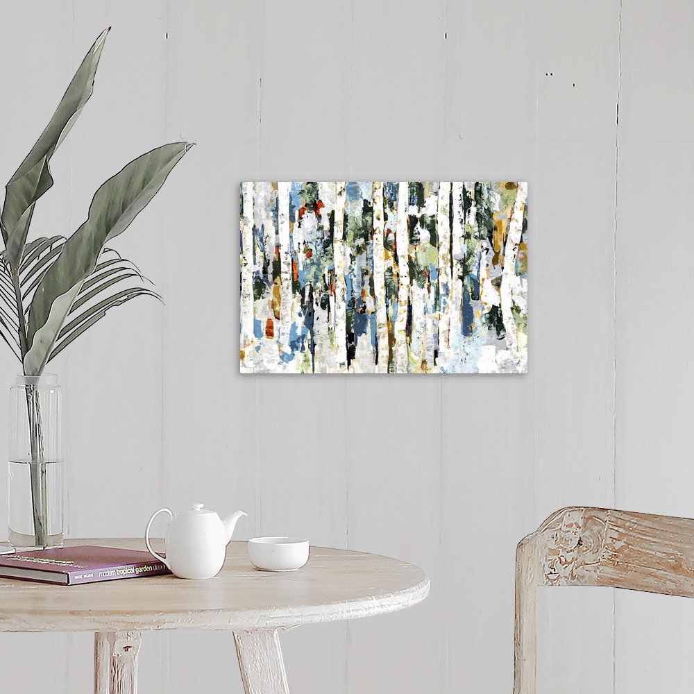 A farmhouse room featuring Abstract painting of a wooded forest of colorful leaves.
